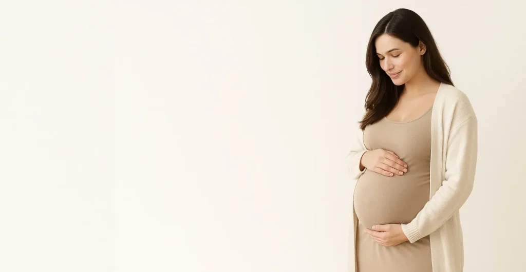 Gravid kvinde der står og holder hænderne på maven.