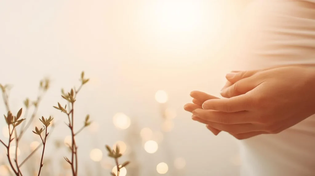 Gravid kvinde der holder om maven i varmt, blødt lys med naturgrene i forgrunden.