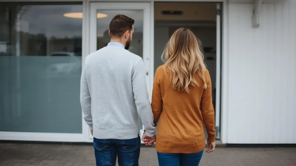 Par der går hånd i hånd mod indgangen til en klinik.