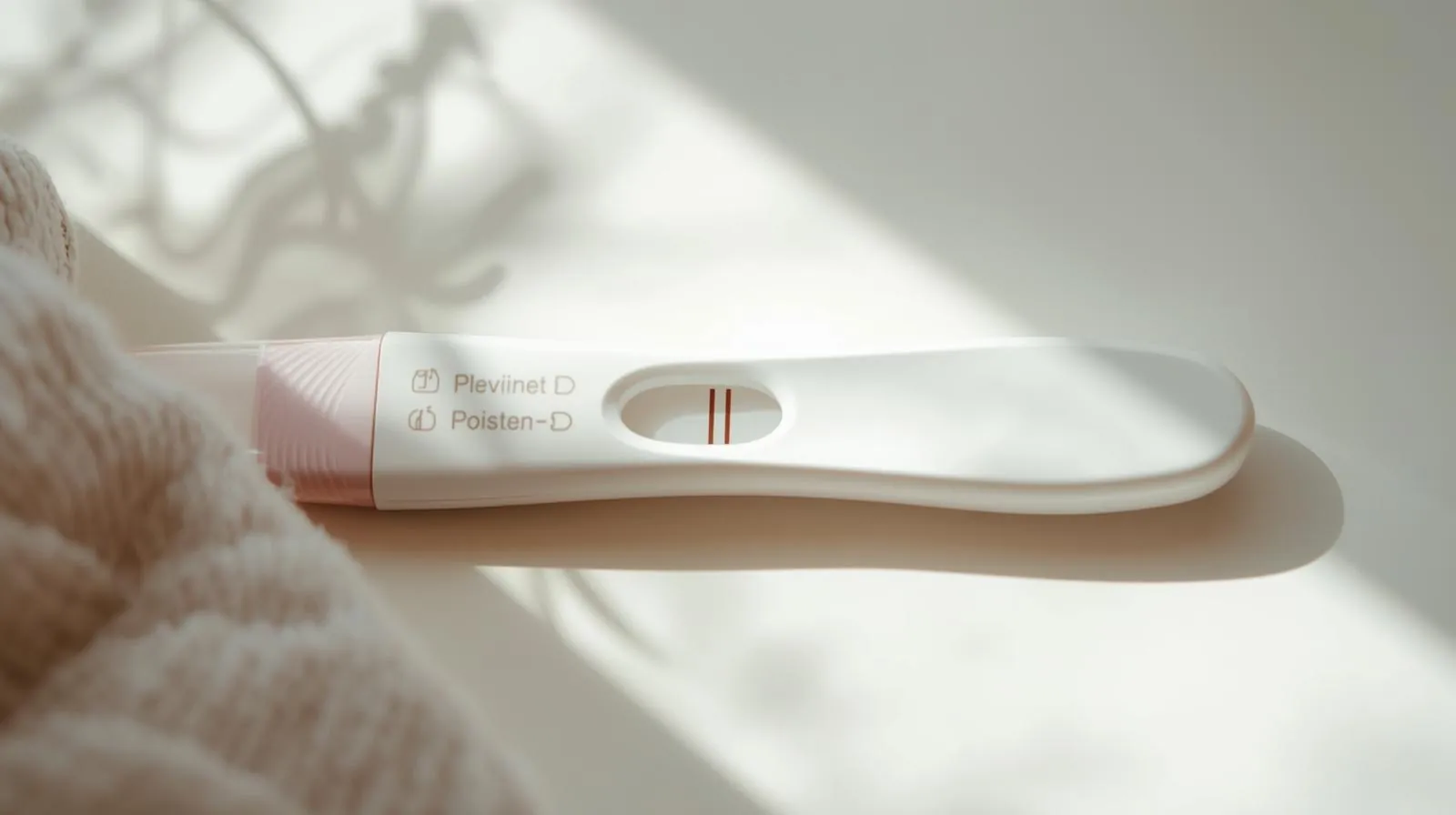 Positiv graviditetstest med to streger i blødt, naturligt lys.